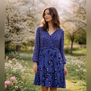 Boden Blue Floral Long Sleeve Dress Long Sheet Sleeve Faux Wrap SZ 12